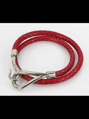 Hermes Red Braided Leather Double Wrap Bracelet with Silver Hook